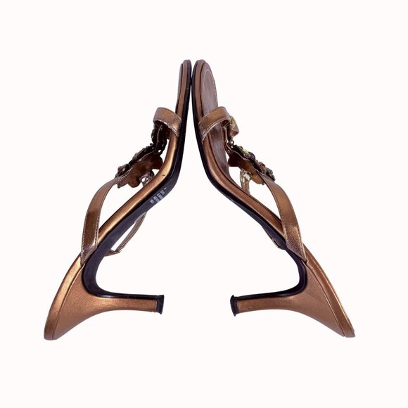 Bronze Strappy Sandals Peacock Rhinestone Accents Kitten Heels Size 8 By MixIt - Picture 5 of 14